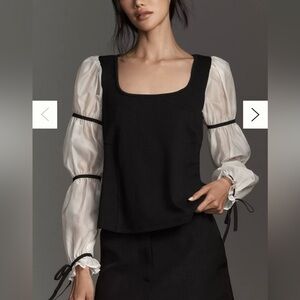 Anthropologie Black Top with Sheer White Puff Sleeves - Women's Blouse NWOT